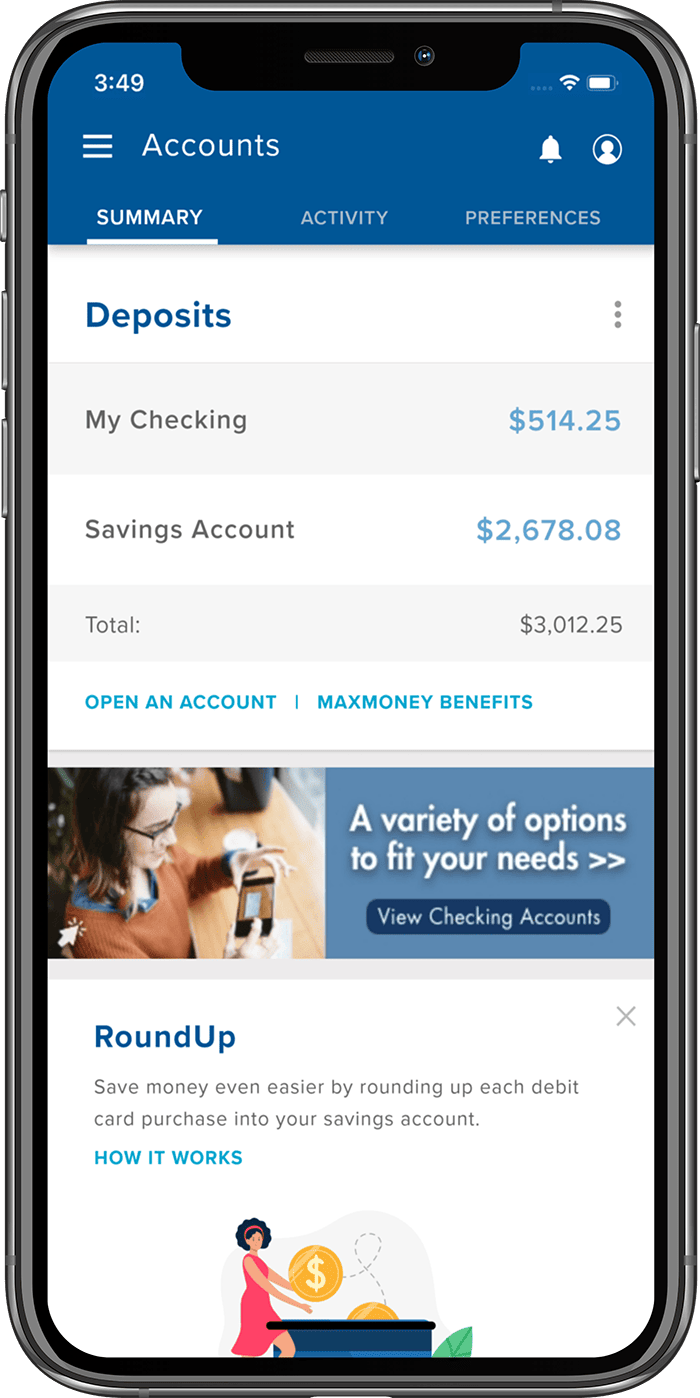 mobile app screen showing the account summary page