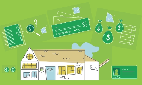 Illustration of a house and items needed to apply for a loan