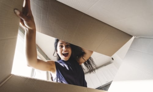 A happy girl looking into a large cardboard box