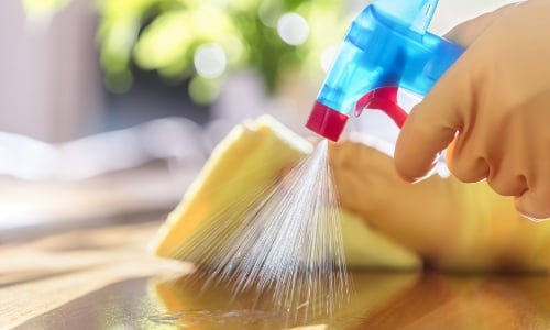 Close up of hands spraying cleaning solution on a table