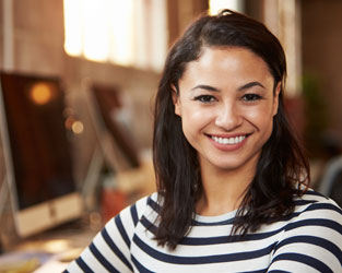 smiling woman, business checking
