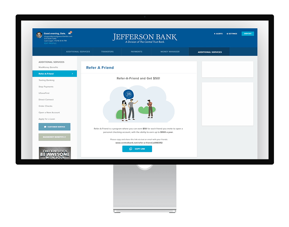 Online banking screen for Refer-a-Friend