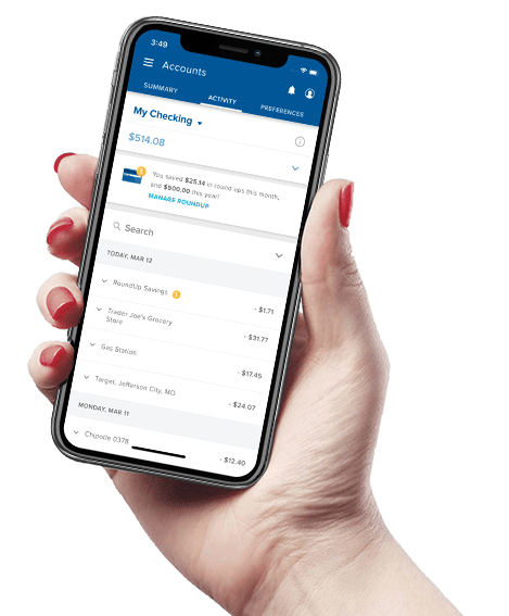 hand holding mobile phone with jefferson bank mobile app showing checking account activity