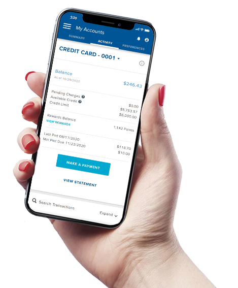 hand holding mobile phone with jefferson bank mobile app showing credit card balance information