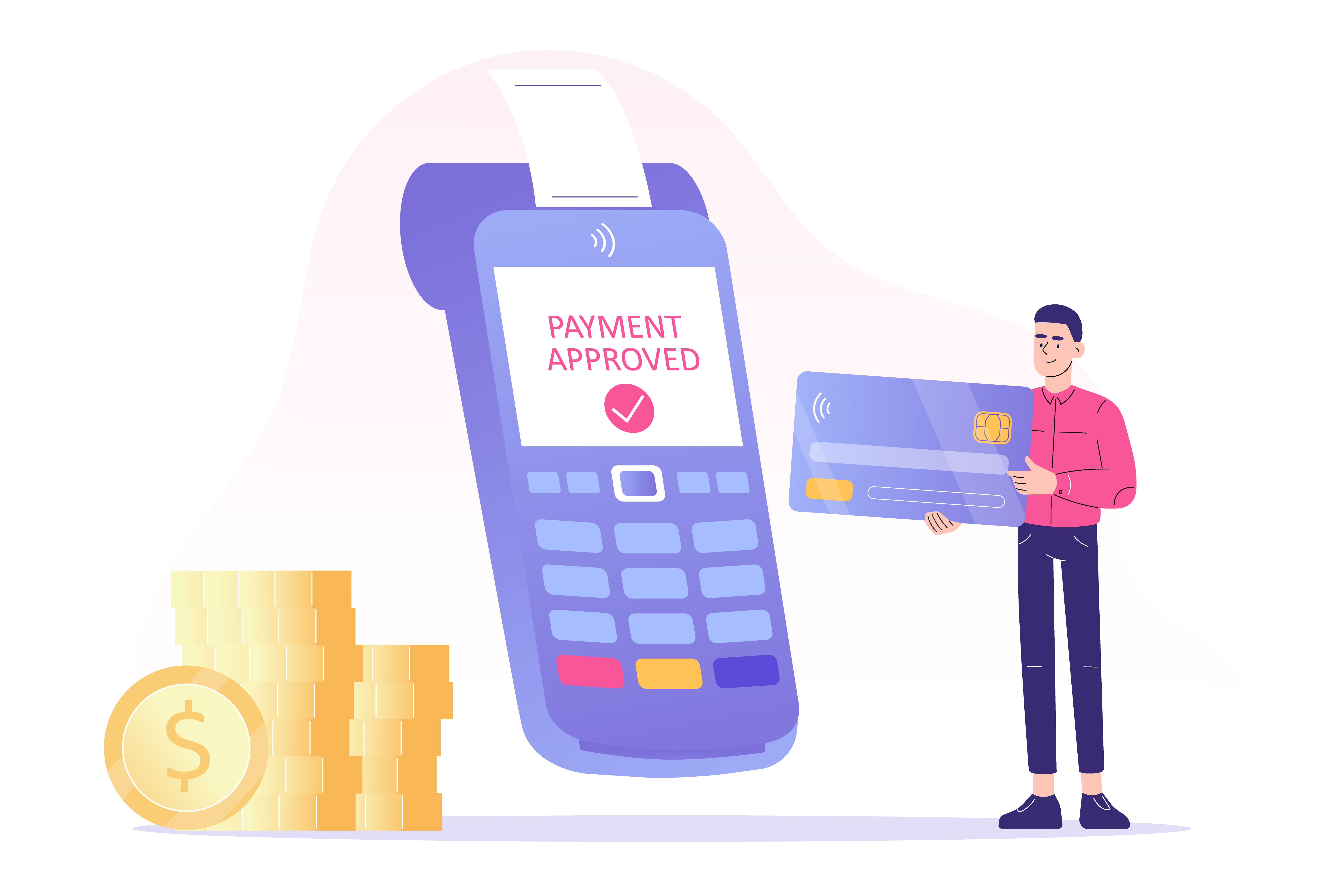 Illustration of man holding a credit card up to a card terminal.