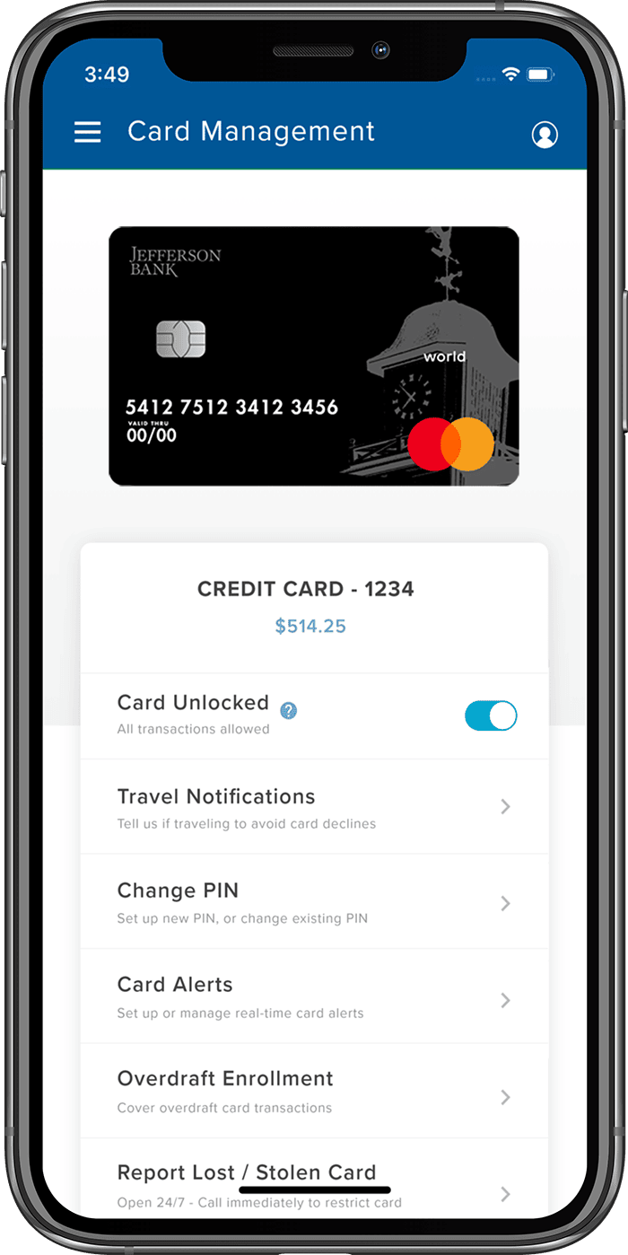 mobile app screen showing the card management page