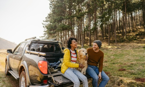 Couple on a road trip with dog